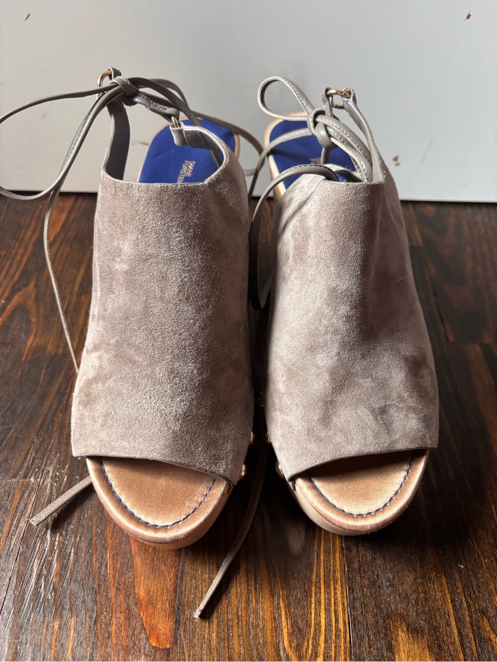 Diane Von Furstenberg Taupe Suede Open-Toe Lace-Up Mules